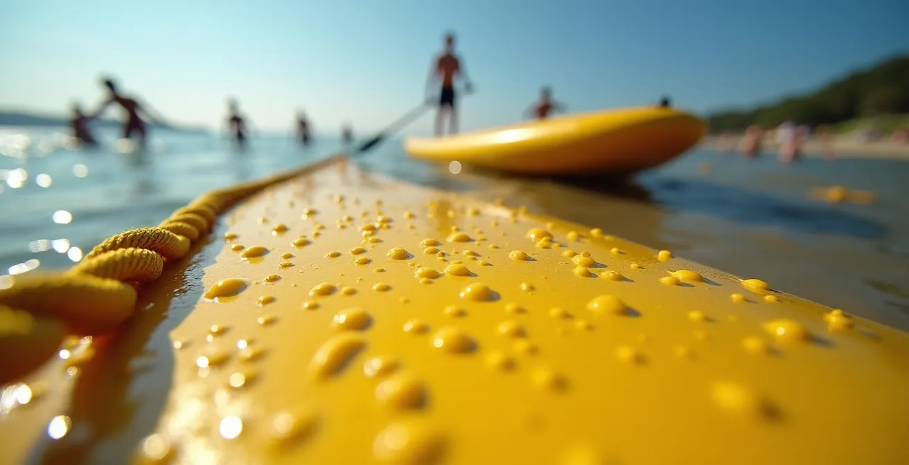 SUP-boarder houdt veilige afstand van zwemzone met gele boeien